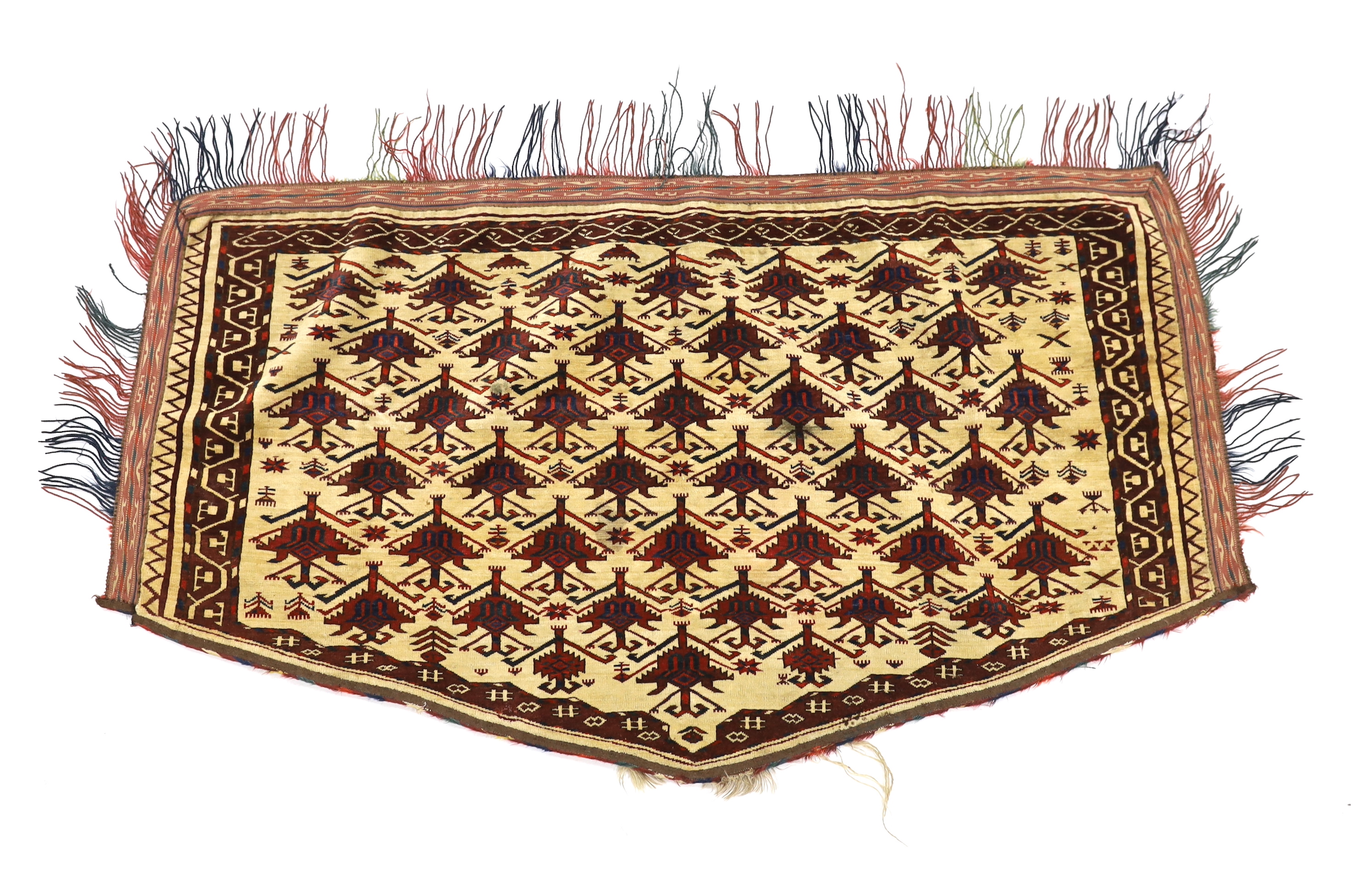 An antique Afghan arched panel woven with rows of stepped decoration on an ivory ground, width 150cm, depth 83cm